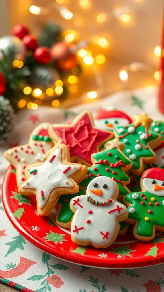 Quick Christmas Cookie Doodles Recipe A plate of decorated Christmas cookies in festive shapes, surrounded by holiday decorations.